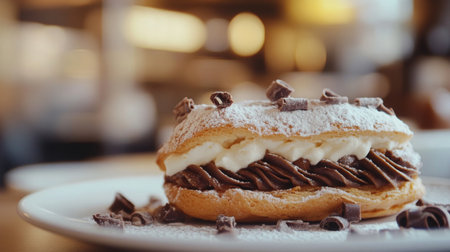 Delicious chocolate-filled pastry with cream served in a cozy cafe on a sunny afternoonの素材
