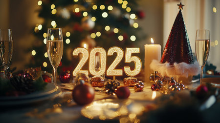 Celebrating New Years Eve 2025 with a beautifully decorated table and festive decorationsの素材