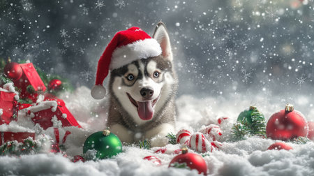 A cheerful husky wearing a Santa hat happily surrounded by Christmas decorations in snowの素材
