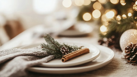 Holiday dinner table setting with a pine sprig and cinnamon stick during festive seasonの素材