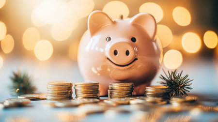 A cheerful piggy bank surrounded by coins and festive decorations on a bright eveningの素材