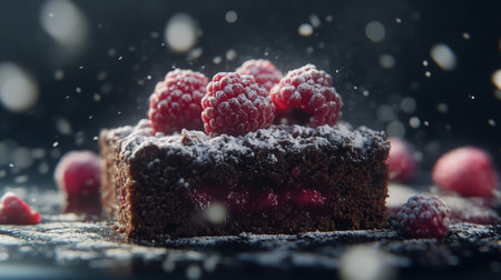 A close-up shot of a chocolate brownie topped with fresh raspberriesの素材
