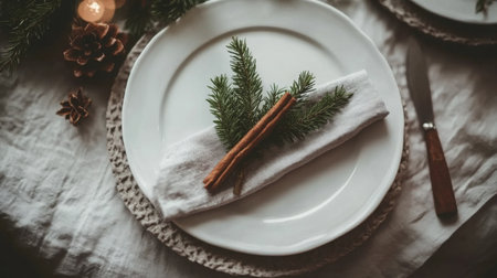 Elegant dinner setting with cinnamon and greenery on a white plate during festive seasonの素材