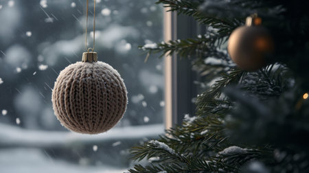 A knitted Christmas ornament hangs by a window as snow falls outsideの素材