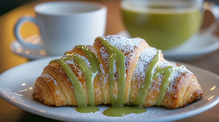 A delicious pastry with green frosting sits on a white plateの素材
