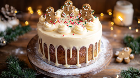 Festive gingerbread cake decorated with frosting and gingerbread cookies on a wooden tableの素材