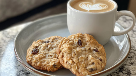 Freshly baked oatmeal raisin cookies with coffee served on cozy table in the morning lightの素材