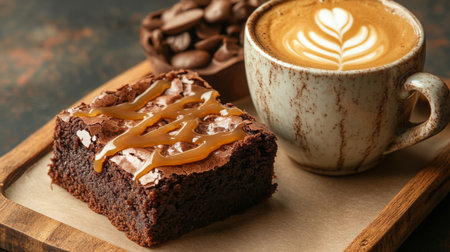 Delicious coffee with a brownie drizzled in caramel at a cozy cafe during the afternoonの素材