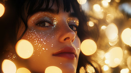 A woman with shimmering facial glitter poses against a backdrop of bright festive lightsの素材