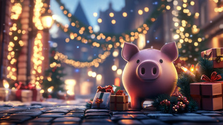 Festive street with glowing lights and a piggy bank surrounded by holiday gifts in winterの素材