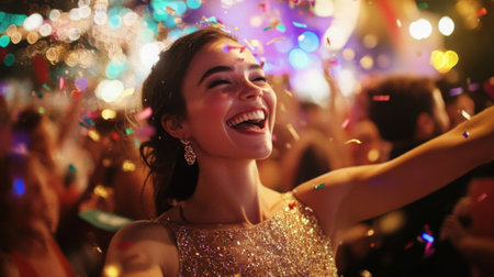 Joyful celebration with laughter and confetti at a vibrant nighttime party eventの素材