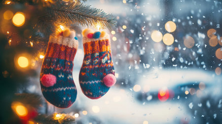 Colorful knitted stockings hanging on a tree with snow falling in a festive winter settingの素材