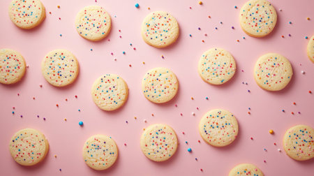 Colorful sprinkle cookies arranged on a pink background celebrating a festive occasionの素材