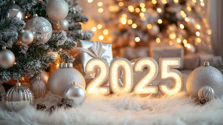 Festive New Year 2025 decorations with silver ornaments and glowing lights in cozy settingの素材