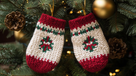Handmade knitted mittens hanging on a Christmas tree adorned with festive decorationsの素材
