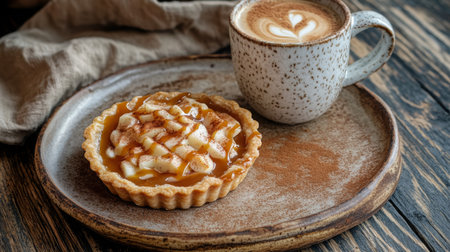 Delicious caramel apple tart served with a warm cup of coffee on a rustic wooden tableの素材