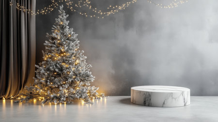 The room features frosted Christmas tree adorned with warm lights, set against a dark wallの素材