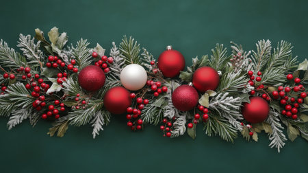 Festive holiday decorations with red and white ornaments and greenery on green backgroundの素材