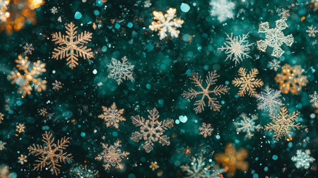 Glittery snowflakes fall against a dark teal backgroundの素材