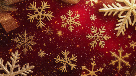 Festive golden snowflakes on a vibrant red background during the holiday seasonの素材