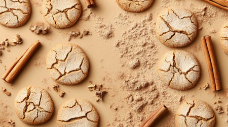 Freshly baked cinnamon cookies arranged beautifully on a countertop with cinnamon sticksの素材