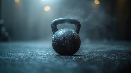 A close view of a black kettlebell resting on a textured surface in a dimly lit gym during early morning hours. Generative AIの素材