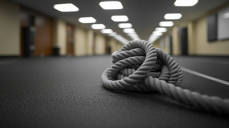 A knotted rope lies on a gym floor, highlighting the empty training area in a well-lit indoor facility during morning hours. Generative AIの素材