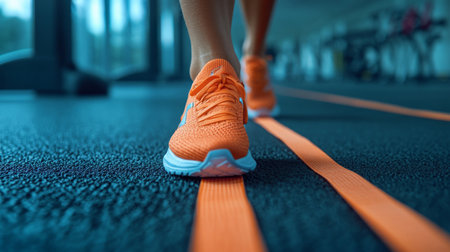 Close-up of a person walking on a gym floor, highlighting orange shoes and workout lines in a fitness center during daytime. Generative AIの素材