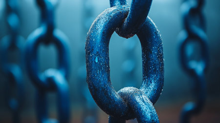 A close-up view of a large, rusted chain link glistening with moisture, showcasing textures and color variations in the dim light. Generative AIの素材
