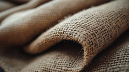 Close-up view of natural burlap fabric with a textured surface, showcasing its woven fibers and earthy tone in soft lighting. Generative AIの素材