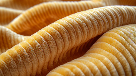 Soft, textured yellow fabric draped elegantly in soft waves, highlighting intricate patterns and depth during natural light exposure. Generative AIの素材