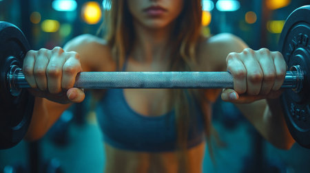 A focused individual lifts a heavy dumbbell in a well-lit gym during an intense workout session on a weekday evening. Generative AIの素材