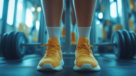 Athlete preparing for weightlifting session in a modern gym with yellow sneakers and focused determination. Generative AIの素材