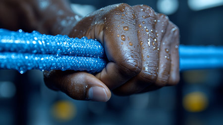 A close-up view of a hand gripping wet resistance bands during an intense workout session at the gym. Generative AIの素材