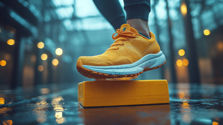 A person wearing bright yellow running shoes balances on a yellow block in a dimly lit urban environment during twilight. Generative AIの素材