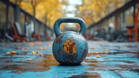 Rusty kettlebell resting on a blue gym floor surrounded by autumn leaves in an outdoor workout area during morning light. Generative AIの素材