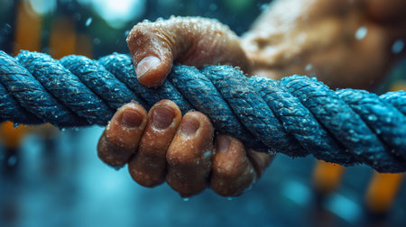 A close-up of a hand gripping a wet rope during an intense outdoor workout in a rainy environment. Generative AIの素材