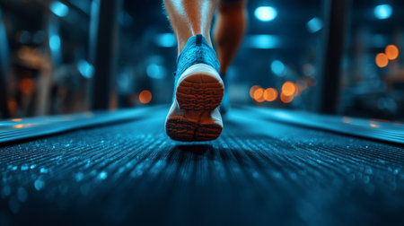 A person exercises on a treadmill in a dimly lit gym with blue lighting and orange bokeh lights in the background during the evening. Generative AIの素材