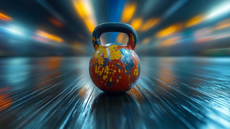 Colorful kettlebell on a reflective surface with blurred lights in the background during a fitness session indoors. Generative AIの素材