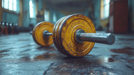 Old rusty dumbbells resting on a gym floor in an empty industrial-style fitness center during the afternoon. Generative AIの素材