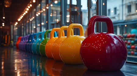 Colorful kettlebells lined up in a modern gym during a bright afternoon workout session. Generative AIの素材
