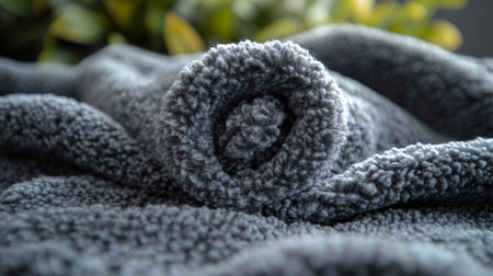 Soft, rolled gray fleece blanket resting on a textured surface, amidst subtle greenery during daylight hours. Generative AIの素材
