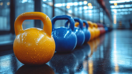 A vibrant display of kettlebells in bright colors lined up in a well-lit fitness studio during a morning workout session. Generative AIの素材
