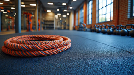 Training area with battle ropes on the gym floor beside kettlebells, featuring natural light from the large windows. Generative AIの素材
