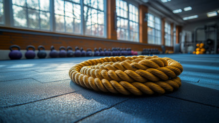 A close-up view of a yellow battle rope on the gym floor with kettlebells in the background during a training session. Generative AIの素材