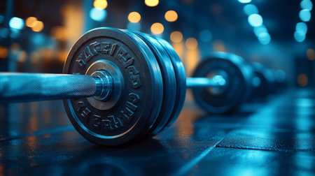 Close-up of a heavy dumbbell resting on a gym floor in a brightly lit fitness center during a late evening workout. Generative AIの素材