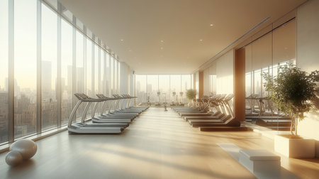 Bright and modern fitness center with treadmills and scenic city skyline during early morning light. Generative AIの素材