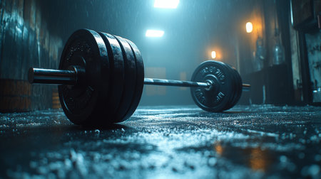 Heavy barbell resting on a damp gym floor during early morning exercises in a dimly lit fitness studio. Generative AIの素材