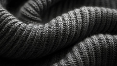 Close-up view of textured gray knitted fabric showcasing intricate patterns and warmth ideal for cozy winter apparel. Generative AIの素材