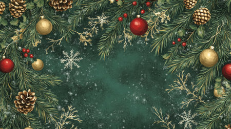 Christmas ornaments and pine branches on a green background with snowflakesの素材